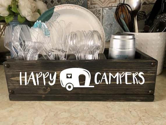 Happy Campers RV Kitchen Caddy Plate, Solo Cup and Party Utensil Holder  Wood Picnic BBQ RV Organizer Storage Box 