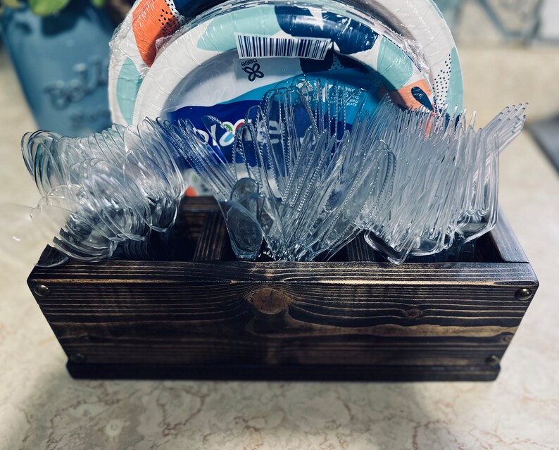 Personalized Compact Kitchen Caddy | Plate and Utensil Party Buffet Holder | Wood Picnic BBQ Organizer Storage Box