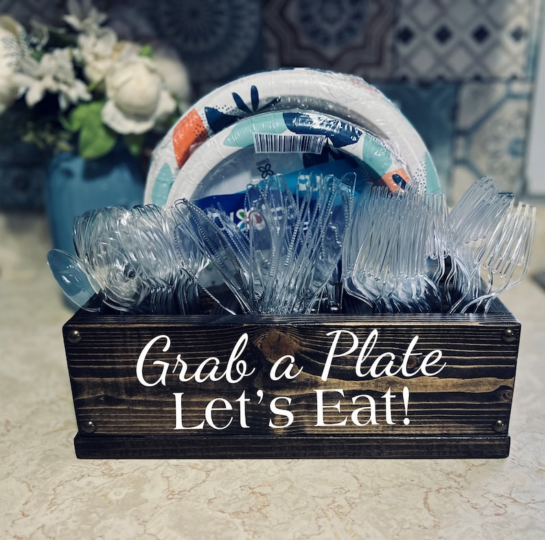 Personalized Compact Kitchen Caddy | Plate and Utensil Party Buffet Holder | Wood Picnic BBQ Organizer Storage Box