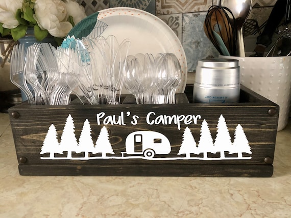 Paper Plate Holder for Campsite or RV Kitchen Dish Cup and Silverware Wood Caddy Personalized Outdoors Gift Etsy