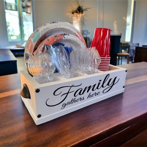 Personalized Wood Kitchen Caddy: Paper Plate, Cup & Silverware Holder