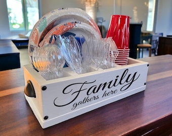 Organizador de cocina de madera personalizado: porta platos, vasos y cubiertos de papel