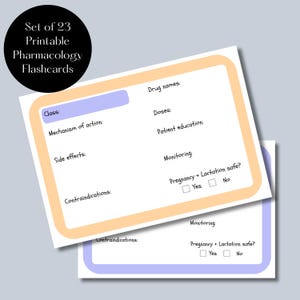 May include: A set of 23 printable flashcards for studying pharmacology. Each card has sections for drug names, doses, patient education, mechanism of action, side effects, contraindications, and monitoring. There are checkboxes for pregnancy and lactation safety.