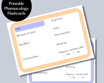 Plantilla de fichas de farmacología para la escuela de enfermería / Descarga instantánea e imprimible / Aprenda sobre medicamentos fácilmente con fichas / Toma de notas