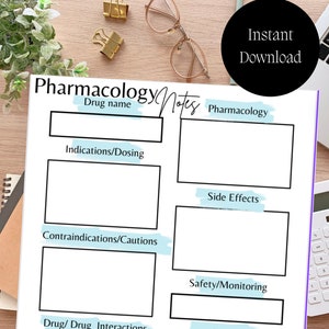 May include: A white printable pharmacology notes sheet with sections for drug name, indications, side effects, and more. The words "Instant Download" are in a black circle. Gold binder clips and glasses are on a wooden surface.