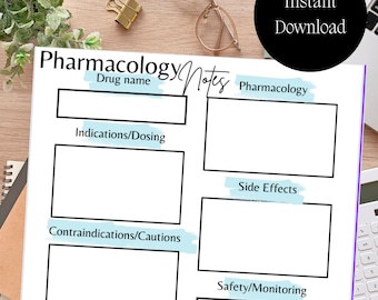 Plantilla de enfermería de notabilidad / Plantilla de farmacología / Apuntes de farmacología para la escuela de enfermería / descarga digital / apuntes de la escuela de enfermería