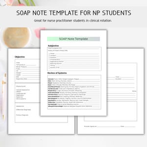 May include: SOAP note template for NP students. The image shows a SOAP note template with sections for subjective, objective, assessment, and plan. The template includes space for vital signs, review of systems, and a primary diagnosis.
