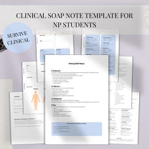 Può includere: Una raccolta di modelli di note SOAP cliniche su carta bianca, progettati per studenti infermieri. I modelli includono sezioni per soggettivo, obiettivo, valutazione e piano. Il testo "CLINICAL SOAP NOTE TEMPLATE FOR NP STUDENTS" è in alto.