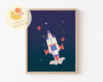 Space nursery print, Kids printable wall art, Above bed art, Spaceship poster, Playroom wall decor, boys room decor, Outer space theme