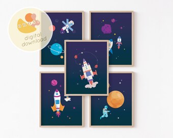 Set of 5 Space nursery print, Kids printable wall art, Above bed art, Spaceship poster, Playroom wall decor, Boys room, Outer space theme