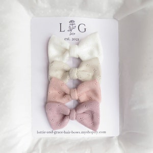 Soft Embroidery Anglaise Hair Bows In Gentle Neutral Tones On Clip and Headband