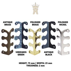 May include: Five metal corner brackets in different finishes: antique brass, verdigris green, polished brass, antique black, and polished nickel. Each bracket is 75 mm high, 25 mm wide, and 2 mm thick.