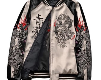 Embroidered Japanese Dragon Two in One A215 Sukajan Jacket – Y2K Black Bomber, Unisex Streetwear