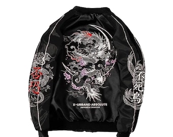 Embroidered Japanese Dragon Sukajan Jacket – Y2K Black Bomber, Unisex Streetwear