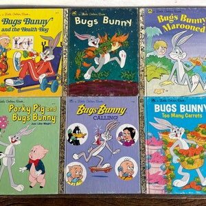 May include: A collection of six vintage Little Golden Books featuring Bugs Bunny. The books are in good condition with some wear and tear. The titles include "Bugs Bunny and the Health Hog", "Bugs Bunny", "Bugs Bunny Marooned!", "Porky Pig and Bugs Bunny", "Bugs Bunny Calling!" and "Bugs Bunny Too Many Carrots".