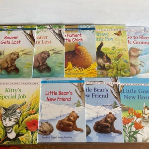 May include: A collection of ten children's books with colorful covers featuring various animals. The books are titled "Beaver Gets Lost", "Beaver Gets Lost", "Patient, Little Chick", "Brave Little Fox", "Go to Sleep, Little Groundhog", "Kitty's Special Job", "Little Bear's New Friend", "Little Bear's New Friend", "Little Goat's New Horns".