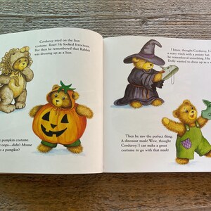 May include: A children's book illustration featuring a teddy bear dressed as a pumpkin, a teddy bear dressed as a lion, a teddy bear dressed as a witch, and a teddy bear wearing a dinosaur mask. The book is titled "Corduroy's Halloween."