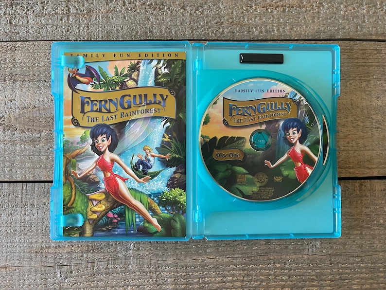 Op de afbeelding: Een blauwe DVD-doos met een afbeelding van een fee op de voorkant. De titel van de film is "FernGully: Het laatste regenwoud".