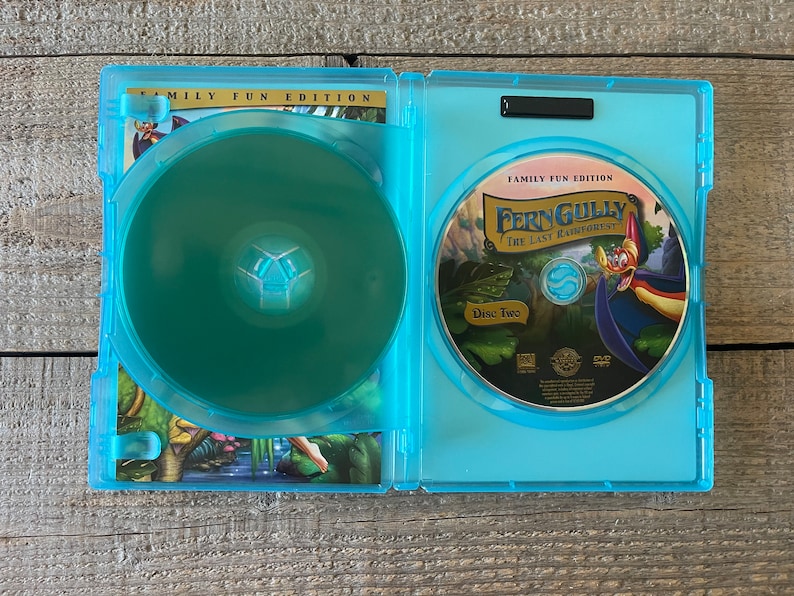 Op de afbeelding: Een blauwe DVD-doos met een transparante plastic schijfhouder. De doos heeft de tekst "Family Fun Edition" en "FernGully: The Last Rainforest" op de voorkant. De schijf is gemarkeerd met "Disc Two".