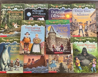 May include: A collection of 10 Magic Tree House books featuring colorful illustrations and titles such as "Afternoon on the Amazon", "Midnight on the Moon", "Dolphins at Daybreak", "Ghost Town at Sundown", "Thanksgiving on Thursday", "Haunted Castle on Hallow's Eve", "Polar Bear Past Bedtime", "Good Morning, Gorillas", and more.