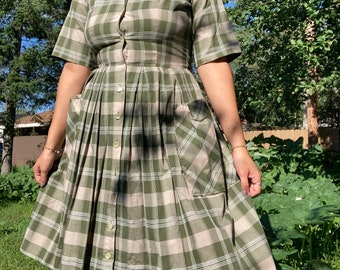 S-M | Vintage 1950s Cotton Green Plaid Dress | Styled by Lynbrook