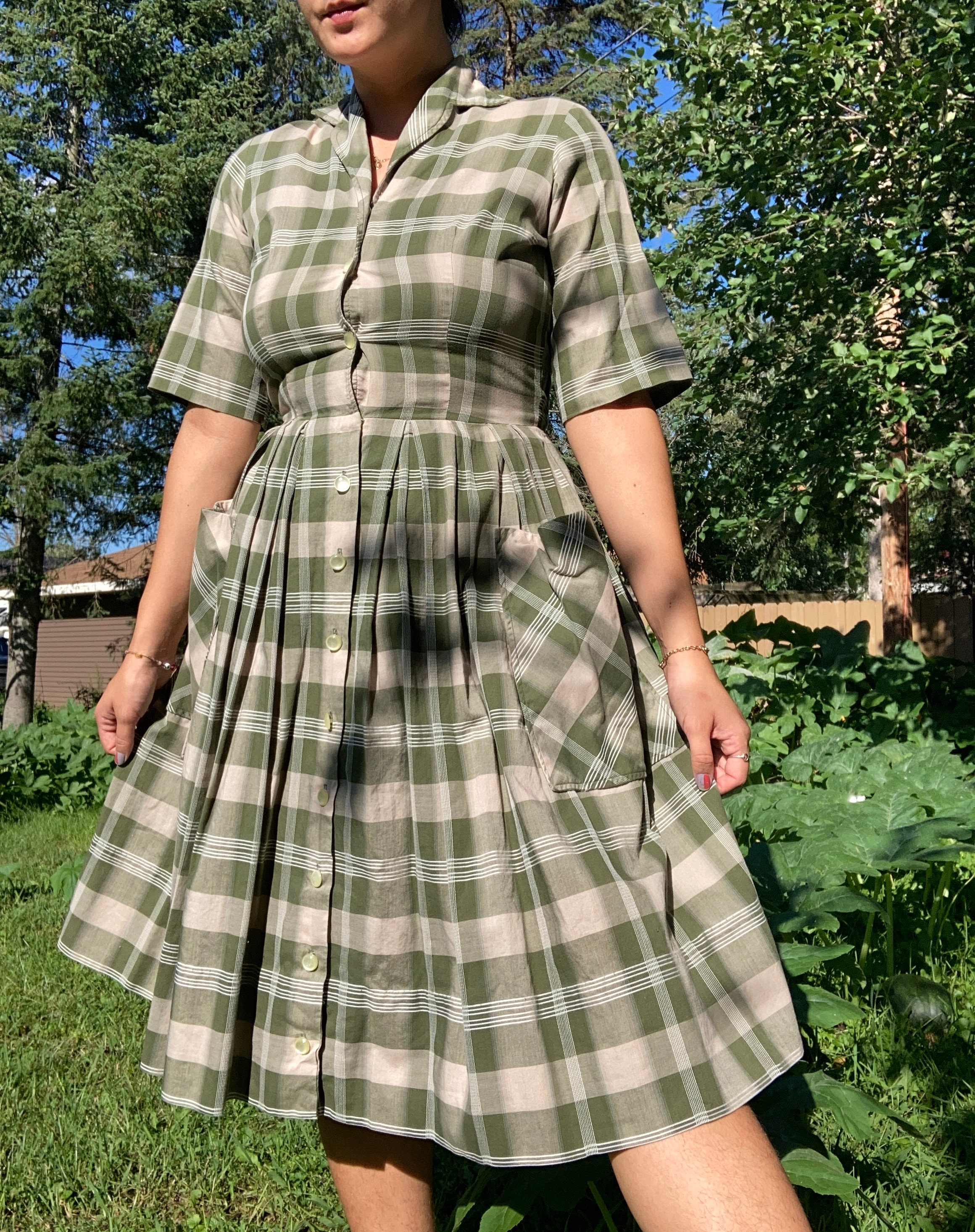 S M Vintage 1950s Cotton Green Plaid Dress Styled by Lynbrook Etsy