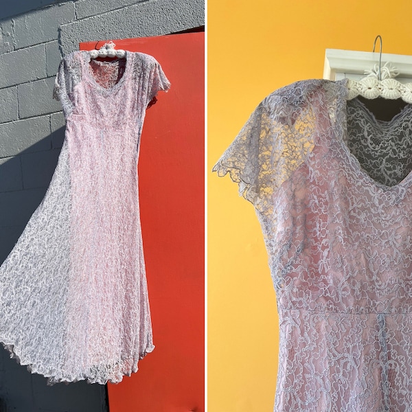 S / Vintage 1940s Periwinkle Lace Dress with Pink Lining | A Du Barry