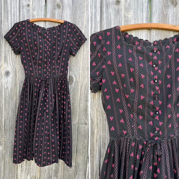 XXS / Vintage 1950s Black and Pink Floral Dress - image 1