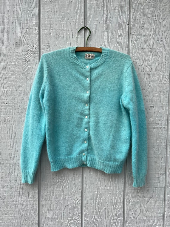 M | Vintage 1950s 1960s Blue Mohair Cardigan Knit 