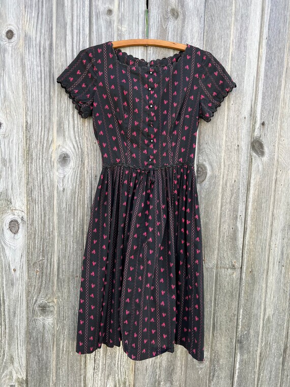 XXS / Vintage 1950s Black and Pink Floral Dress - image 2