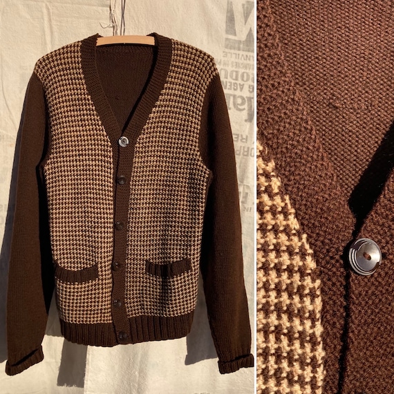 S / Vintage 1940s 1950s Brown and Cream Checkered… - image 1