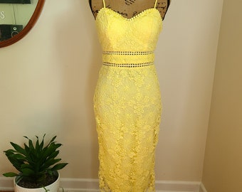 Gorgeous Canary Yellow Embroided Floral Lace Dress, Size 4