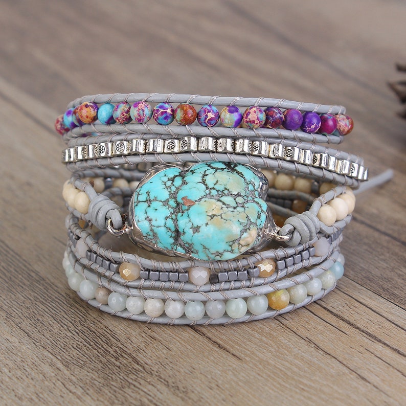 Handmade Natural Wrap Bracelets,Variety Beads Strand Bracelet for Mom Turquoise Bracelets