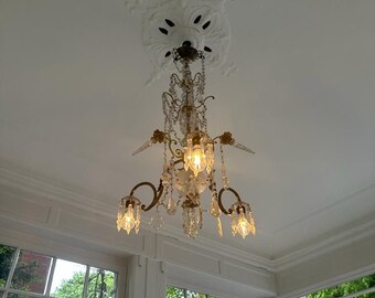 Antique chandelier bronze ceiling lamp crystal glass height 110 cm