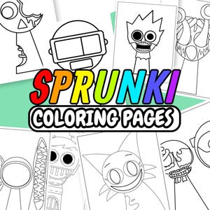 Op de afbeelding: Een verzameling zwart-wit Sprunki kleurplaten met verschillende cartoon karakter ontwerpen. Het woord "SPRUNKI" wordt weergegeven in een kleurrijk regenboogverlooplettertype, met "COLORING PAGES" eronder in zwart-wit.