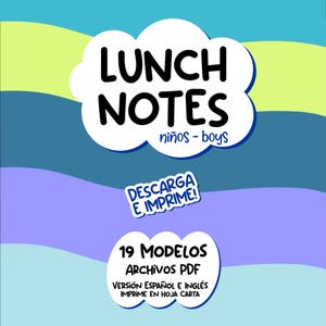 Puede incluir: Gráfico de descarga digital con el texto "LUNCH NOTES" en letras negras grandes dentro de una forma de nube blanca. Debajo, dice "niños - boys". El texto adicional incluye "DESCARGA E IMPRIME!" y detalles sobre archivos PDF.