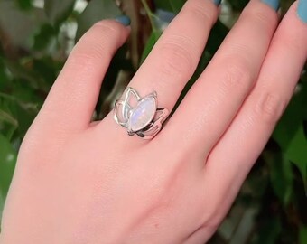 Handmade Moonstone Lotus Ring, 925 Sterling Silver, Dainty Gemstone Jewelry