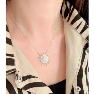 Natural Moonstone Sun Pendant Dainty 925 Sterling Silver Cubic Zirconia Stone Necklace ,White Handmade Gemstone Jewelry For Women