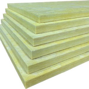May include: Stack of six yellow fiberglass insulation panels. The panels are used for soundproofing and thermal insulation.