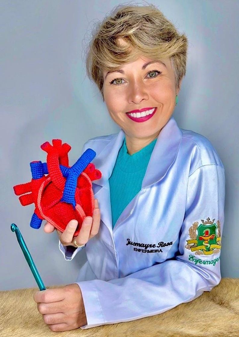 May include: A crocheted anatomical heart model featuring red and blue yarn sections, held alongside a teal crochet hook. The heart displays detailed chambers and vessels, crafted with a textured stitch pattern in vibrant primary colors.