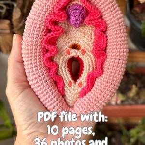 May include: A crocheted pink and red anatomical heart with a flower on top. The heart is being held in a hand. The text "PDF file with: 10 pages, 36 photos and 02 auxiliary videos." is below the heart.