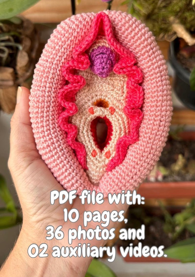 May include: A crocheted pink and red anatomical heart with a flower on top. The heart is being held in a hand. The text "PDF file with: 10 pages, 36 photos and 02 auxiliary videos." is below the heart.
