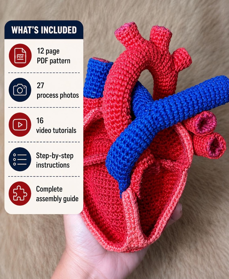 May include: A crocheted anatomical heart model in red and blue yarn. A text box titled WHAT'S INCLUDED lists: 12 page PDF pattern, 27 process photos, 16 video tutorials, step-by-step instructions, and a complete assembly guide for the project.