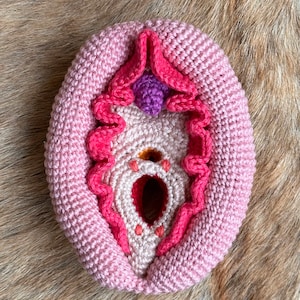 May include: A crocheted pink and red anatomical heart with a purple flower on top. The heart is on a brown furry surface.