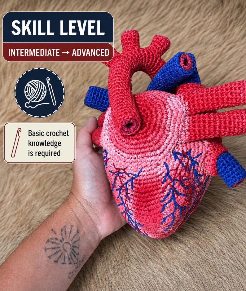 May include: A crocheted anatomical heart model featuring red and pink yarn textures with blue yarn accents representing veins. The image includes text stating SKILL LEVEL INTERMEDIATE TO ADVANCED and Basic crochet knowledge is required.