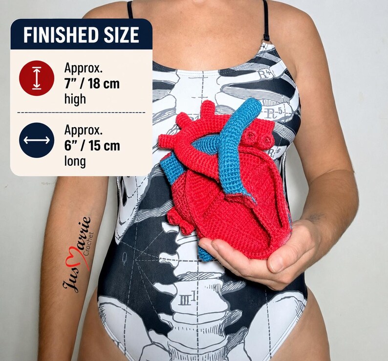 May include: A crocheted anatomical heart model in red and blue yarn. The text FINISHED SIZE indicates a height of approximately 7 inches and a length of approximately 6 inches. The heart is held against a black and white skeleton print bodysuit.
