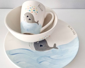 Set stoviglie per bambini con motivo balena, ceramica dipinta a mano, personalizzabile