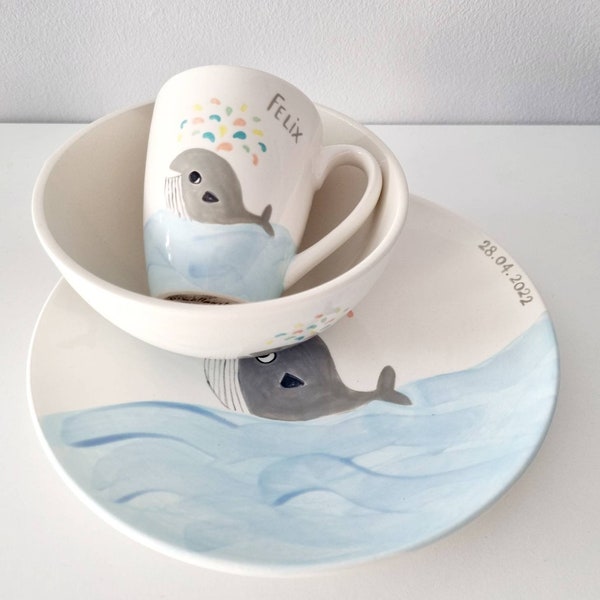 Children's crockery set with whale motif, hand-painted ceramic, customizable