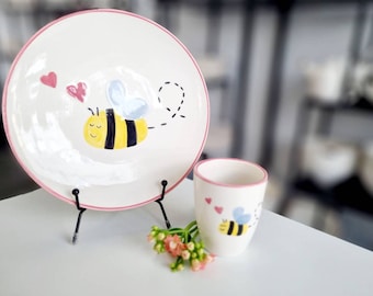 Tableware set for children with a cute bee motif, hand-painted, customizable