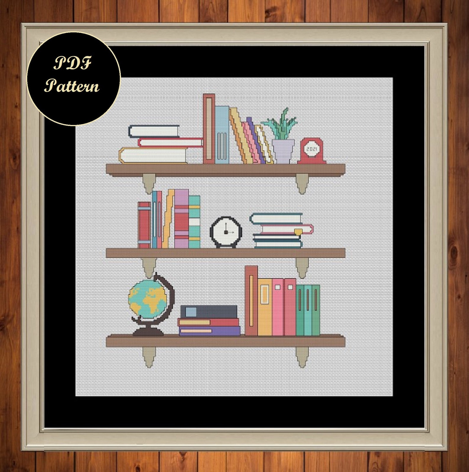 Cross Stitch Pattern of Bookshelf With Books and Clock Instant Etsy UK